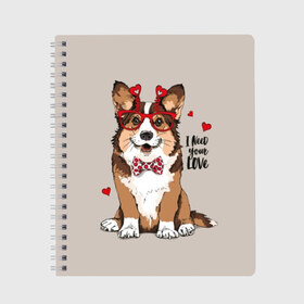 Тетрадь с принтом I need your love в Екатеринбурге, 100% бумага | 48 листов, плотность листов — 60 г/м2, плотность картонной обложки — 250 г/м2. Листы скреплены сбоку удобной пружинной спиралью. Уголки страниц и обложки скругленные. Цвет линий — светло-серый
 | animal | bow tie | breed | corgi | cute | dog | funny | hearts | holiday | pembroke | polka dot | red | saint | valentine | валентина | вельш корги | галстук бабочка | горошек | день | животное | красный | любовь | милая | очки | пемброк | пород