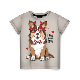 Детская футболка 3D с принтом I need your love в Екатеринбурге, 100% гипоаллергенный полиэфир | прямой крой, круглый вырез горловины, длина до линии бедер, чуть спущенное плечо, ткань немного тянется | Тематика изображения на принте: animal | bow tie | breed | corgi | cute | dog | funny | hearts | holiday | pembroke | polka dot | red | saint | valentine | валентина | вельш корги | галстук бабочка | горошек | день | животное | красный | любовь | милая | очки | пемброк | пород