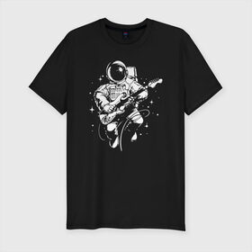 Мужская футболка премиум с принтом Cosmorock в Екатеринбурге, 92% хлопок, 8% лайкра | приталенный силуэт, круглый вырез ворота, длина до линии бедра, короткий рукав | cosmonaut | cosmos | guitar | music | rock | space | spacesuit | star | гитара | звезда | космонавт | космос | музыка | скафандр