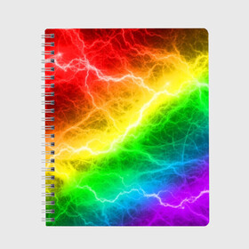 Тетрадь с принтом RAINBOW THUNDER в Екатеринбурге, 100% бумага | 48 листов, плотность листов — 60 г/м2, плотность картонной обложки — 250 г/м2. Листы скреплены сбоку удобной пружинной спиралью. Уголки страниц и обложки скругленные. Цвет линий — светло-серый
 | battle | battle fire | battle thunder | blue | fire | rainbow | red | texture | thunder | битва | битва молний | битва огней | гроза | молнии | радуга | текстура
