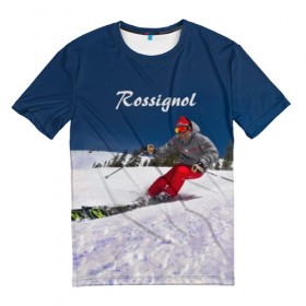 Мужская футболка 3D с принтом Rossignol в Екатеринбурге, 100% полиэфир | прямой крой, круглый вырез горловины, длина до линии бедер | Тематика изображения на принте: france | movement | rossignol | snow | speed | вершина | горные лыжи | горы | движение | скорость | снег | франция
