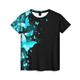 Женская футболка 3D с принтом НЕОНОВЫЕ БАБОЧКИ в Екатеринбурге, 100% полиэфир ( синтетическое хлопкоподобное полотно) | прямой крой, круглый вырез горловины, длина до линии бедер | butterflies | texture | бабочки | мода | текстуры | эффект бабочки