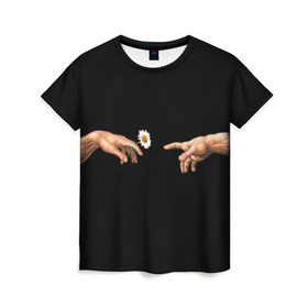 Женская футболка 3D с принтом Сотворение Адама в Екатеринбурге, 100% полиэфир ( синтетическое хлопкоподобное полотно) | прямой крой, круглый вырез горловины, длина до линии бедер | палец к пальцу | ромашка | рука к руке | цветы