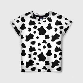 Детская футболка 3D с принтом Корова в Екатеринбурге, 100% гипоаллергенный полиэфир | прямой крой, круглый вырез горловины, длина до линии бедер, чуть спущенное плечо, ткань немного тянется | Тематика изображения на принте: animal | black white | cow | pattern | животное | кавай | корова | паттерн | пятна | черно белое