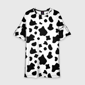 Детское платье 3D с принтом Корова в Екатеринбурге, 100% полиэстер | прямой силуэт, чуть расширенный к низу. Круглая горловина, на рукавах — воланы | animal | black white | cow | pattern | животное | кавай | корова | паттерн | пятна | черно белое