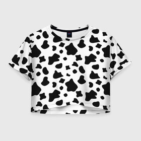 Женская футболка Crop-top 3D с принтом Корова в Екатеринбурге, 100% полиэстер | круглая горловина, длина футболки до линии талии, рукава с отворотами | animal | black white | cow | pattern | животное | кавай | корова | паттерн | пятна | черно белое