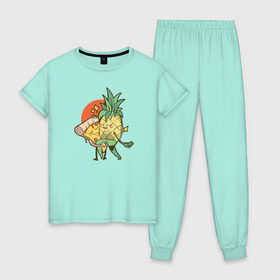 Женская пижама хлопок с принтом Пицца и Ананас в Екатеринбурге, 100% хлопок | брюки и футболка прямого кроя, без карманов, на брюках мягкая резинка на поясе и по низу штанин | 