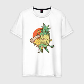 Мужская футболка хлопок с принтом Пицца и Ананас в Екатеринбурге, 100% хлопок | прямой крой, круглый вырез горловины, длина до линии бедер, слегка спущенное плечо. | 