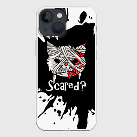 Чехол для iPhone 13 mini с принтом Ну что, страшно в Екатеринбурге,  |  | bandage | blood | blot.black | cat | fangs | fear | halloween | horror | kitten | teeth | white | белый | бинт | зубы | клыки | клякса | кот | котенок | кошка | кровь | ужас | хэллоуин | черный