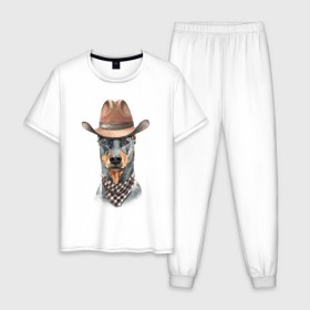 Мужская пижама хлопок с принтом Доберман в Екатеринбурге, 100% хлопок | брюки и футболка прямого кроя, без карманов, на брюках мягкая резинка на поясе и по низу штанин
 | Тематика изображения на принте: dobermann | dog | доберман | собака | собаки