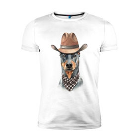 Мужская футболка премиум с принтом Доберман в Екатеринбурге, 92% хлопок, 8% лайкра | приталенный силуэт, круглый вырез ворота, длина до линии бедра, короткий рукав | Тематика изображения на принте: dobermann | dog | доберман | собака | собаки