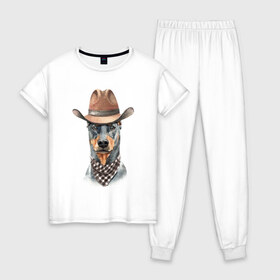Женская пижама хлопок с принтом Доберман в Екатеринбурге, 100% хлопок | брюки и футболка прямого кроя, без карманов, на брюках мягкая резинка на поясе и по низу штанин | dobermann | dog | доберман | собака | собаки