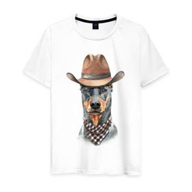 Мужская футболка хлопок с принтом Доберман в Екатеринбурге, 100% хлопок | прямой крой, круглый вырез горловины, длина до линии бедер, слегка спущенное плечо. | Тематика изображения на принте: dobermann | dog | доберман | собака | собаки