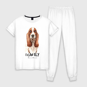 Женская пижама хлопок с принтом Бассет-хаунд в Екатеринбурге, 100% хлопок | брюки и футболка прямого кроя, без карманов, на брюках мягкая резинка на поясе и по низу штанин | Тематика изображения на принте: dog | бассет | бассет хаунд | собака | собаки | хаунд