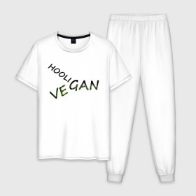 Мужская пижама хлопок с принтом Vegan hooligan в Екатеринбурге, 100% хлопок | брюки и футболка прямого кроя, без карманов, на брюках мягкая резинка на поясе и по низу штанин
 | Тематика изображения на принте: 