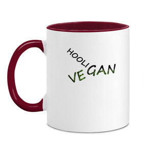 Кружка двухцветная с принтом Vegan hooligan в Екатеринбурге, керамика | объем — 330 мл, диаметр — 80 мм. Цветная ручка и кайма сверху, в некоторых цветах — вся внутренняя часть | Тематика изображения на принте: 