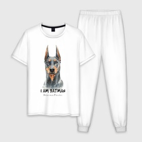 Мужская пижама хлопок с принтом Доберман в Екатеринбурге, 100% хлопок | брюки и футболка прямого кроя, без карманов, на брюках мягкая резинка на поясе и по низу штанин
 | Тематика изображения на принте: doberman | доберман | пинчер | собака | собаки