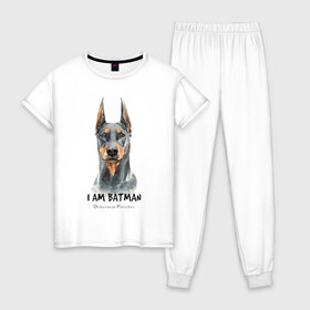 Женская пижама хлопок с принтом Доберман в Екатеринбурге, 100% хлопок | брюки и футболка прямого кроя, без карманов, на брюках мягкая резинка на поясе и по низу штанин | doberman | доберман | пинчер | собака | собаки