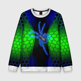 Детский свитшот 3D с принтом Паук на ночной охоте в Екатеринбурге, 100% полиэстер | свободная посадка, прямой крой, мягкая тканевая резинка на рукавах и понизу свитшота | зеленая броня | зеленый неон | классный дизайн | ночь | паук | паук дизайн | паук на охоте | паук охотник | пчелиные | соты | темная футболка | футболка с пауком | черные соты