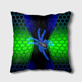 Подушка 3D с принтом Паук на ночной охоте в Екатеринбурге, наволочка – 100% полиэстер, наполнитель – холлофайбер (легкий наполнитель, не вызывает аллергию). | состоит из подушки и наволочки. Наволочка на молнии, легко снимается для стирки | Тематика изображения на принте: зеленая броня | зеленый неон | классный дизайн | ночь | паук | паук дизайн | паук на охоте | паук охотник | пчелиные | соты | темная футболка | футболка с пауком | черные соты