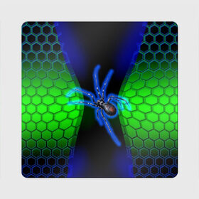 Магнит виниловый Квадрат с принтом Паук на ночной охоте в Екатеринбурге, полимерный материал с магнитным слоем | размер 9*9 см, закругленные углы | зеленая броня | зеленый неон | классный дизайн | ночь | паук | паук дизайн | паук на охоте | паук охотник | пчелиные | соты | темная футболка | футболка с пауком | черные соты