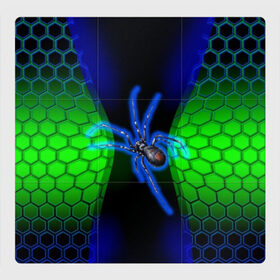 Магнитный плакат 3Х3 с принтом Паук на ночной охоте в Екатеринбурге, Полимерный материал с магнитным слоем | 9 деталей размером 9*9 см | Тематика изображения на принте: зеленая броня | зеленый неон | классный дизайн | ночь | паук | паук дизайн | паук на охоте | паук охотник | пчелиные | соты | темная футболка | футболка с пауком | черные соты