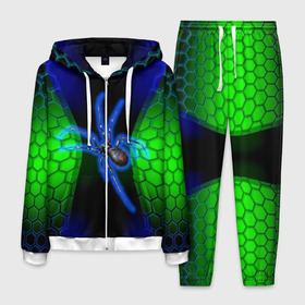 Мужской костюм 3D с принтом Паук на ночной охоте в Екатеринбурге, 100% полиэстер | Манжеты и пояс оформлены тканевой резинкой, двухслойный капюшон со шнурком для регулировки, карманы спереди | зеленая броня | зеленый неон | классный дизайн | ночь | паук | паук дизайн | паук на охоте | паук охотник | пчелиные | соты | темная футболка | футболка с пауком | черные соты