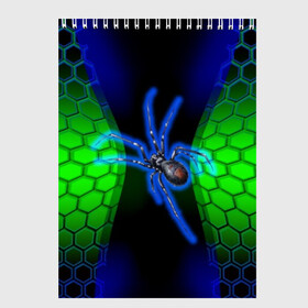 Скетчбук с принтом Паук на ночной охоте в Екатеринбурге, 100% бумага
 | 48 листов, плотность листов — 100 г/м2, плотность картонной обложки — 250 г/м2. Листы скреплены сверху удобной пружинной спиралью | зеленая броня | зеленый неон | классный дизайн | ночь | паук | паук дизайн | паук на охоте | паук охотник | пчелиные | соты | темная футболка | футболка с пауком | черные соты