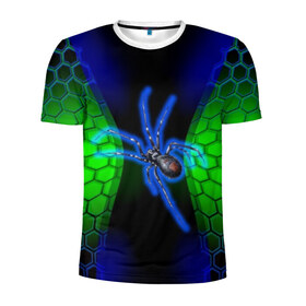 Мужская футболка 3D спортивная с принтом Паук на ночной охоте в Екатеринбурге, 100% полиэстер с улучшенными характеристиками | приталенный силуэт, круглая горловина, широкие плечи, сужается к линии бедра | зеленая броня | зеленый неон | классный дизайн | ночь | паук | паук дизайн | паук на охоте | паук охотник | пчелиные | соты | темная футболка | футболка с пауком | черные соты