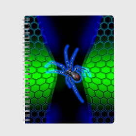 Тетрадь с принтом Паук на ночной охоте в Екатеринбурге, 100% бумага | 48 листов, плотность листов — 60 г/м2, плотность картонной обложки — 250 г/м2. Листы скреплены сбоку удобной пружинной спиралью. Уголки страниц и обложки скругленные. Цвет линий — светло-серый
 | зеленая броня | зеленый неон | классный дизайн | ночь | паук | паук дизайн | паук на охоте | паук охотник | пчелиные | соты | темная футболка | футболка с пауком | черные соты