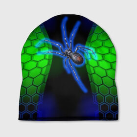 Шапка 3D с принтом Паук на ночной охоте в Екатеринбурге, 100% полиэстер | универсальный размер, печать по всей поверхности изделия | зеленая броня | зеленый неон | классный дизайн | ночь | паук | паук дизайн | паук на охоте | паук охотник | пчелиные | соты | темная футболка | футболка с пауком | черные соты