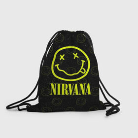 Рюкзак-мешок 3D с принтом Nirvana 1 в Екатеринбурге, 100% полиэстер | плотность ткани — 200 г/м2, размер — 35 х 45 см; лямки — толстые шнурки, застежка на шнуровке, без карманов и подкладки | Тематика изображения на принте: cobain | kurt | kurt cobain | nirvana | rock | smile | гитара | кобейн | курт | курт кобейн | нирвана | рок