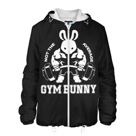 Мужская куртка 3D с принтом GYM BUNNY в Екатеринбурге, ткань верха — 100% полиэстер, подклад — флис | прямой крой, подол и капюшон оформлены резинкой с фиксаторами, два кармана без застежек по бокам, один большой потайной карман на груди. Карман на груди застегивается на липучку | bodybuilding | diet | exercise | fitness | gym | heath | motivation | muscle | phil | training | workout | бодибилдинг | мотивация | спорт | трансформация | фитнес | эстетичный