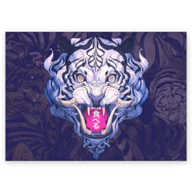 Поздравительная открытка с принтом ТИГР в Екатеринбурге, 100% бумага | плотность бумаги 280 г/м2, матовая, на обратной стороне линовка и место для марки
 | 24 на 7 тигр | арт | взгляд | иллюстрация | клыки | кот | коты | котяра | кошка | кошки | самурай | свирепый взгляд | скетч | тигр | тигры | цифровой рисунок | япония | японский арт | японский тигр