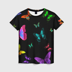 Женская футболка 3D с принтом Ночные Бабочки в Екатеринбурге, 100% полиэфир ( синтетическое хлопкоподобное полотно) | прямой крой, круглый вырез горловины, длина до линии бедер | butterfly | бабочка | бабочки | биология | животные | краски | крылья | насекомые | ночь | разноцветные | черный | яркие