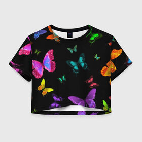 Женская футболка Cropp-top с принтом Ночные Бабочки в Екатеринбурге, 100% полиэстер | круглая горловина, длина футболки до линии талии, рукава с отворотами | butterfly | бабочка | бабочки | биология | животные | краски | крылья | насекомые | ночь | разноцветные | черный | яркие