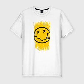 Мужская футболка премиум с принтом NIRVANA в Екатеринбурге, 92% хлопок, 8% лайкра | приталенный силуэт, круглый вырез ворота, длина до линии бедра, короткий рукав | music | nirvana | rip smile | rock | smile | группа | курт кобейн | музыка | нирвана | рок | смайл