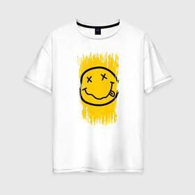 Женская футболка хлопок Oversize с принтом NIRVANA в Екатеринбурге, 100% хлопок | свободный крой, круглый ворот, спущенный рукав, длина до линии бедер
 | music | nirvana | rip smile | rock | smile | группа | курт кобейн | музыка | нирвана | рок | смайл