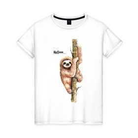 Женская футболка хлопок с принтом Ленивец в Екатеринбурге, 100% хлопок | прямой крой, круглый вырез горловины, длина до линии бедер, слегка спущенное плечо | sloth | ленивец | ленивцы