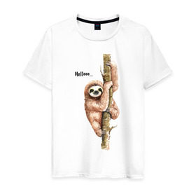 Мужская футболка хлопок с принтом Ленивец в Екатеринбурге, 100% хлопок | прямой крой, круглый вырез горловины, длина до линии бедер, слегка спущенное плечо. | sloth | ленивец | ленивцы