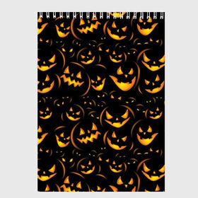 Скетчбук с принтом Хэллоуин в Екатеринбурге, 100% бумага
 | 48 листов, плотность листов — 100 г/м2, плотность картонной обложки — 250 г/м2. Листы скреплены сверху удобной пружинной спиралью | background | black | color | eyes | fangs | halloween | holiday | horror | orange | pumpkin | sinister | teeth | vegetable | yellow | глаза | желтый | зловещий | зубы | клыки | овощ | оранжевый | праздник | тыквы | ужас | фон | хэллоуин | цвет | черный