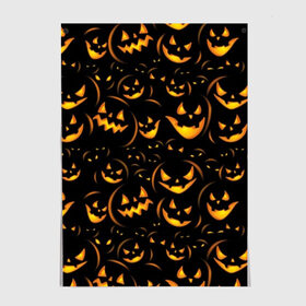 Постер с принтом Хэллоуин в Екатеринбурге, 100% бумага
 | бумага, плотность 150 мг. Матовая, но за счет высокого коэффициента гладкости имеет небольшой блеск и дает на свету блики, но в отличии от глянцевой бумаги не покрыта лаком | background | black | color | eyes | fangs | halloween | holiday | horror | orange | pumpkin | sinister | teeth | vegetable | yellow | глаза | желтый | зловещий | зубы | клыки | овощ | оранжевый | праздник | тыквы | ужас | фон | хэллоуин | цвет | черный