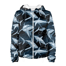 Женская куртка 3D с принтом Акулы в Екатеринбурге, ткань верха — 100% полиэстер, подклад — флис | прямой крой, подол и капюшон оформлены резинкой с фиксаторами, два кармана без застежек по бокам, один большой потайной карман на груди. Карман на груди застегивается на липучку | abyss | background | black | blue | bubbles | color | danger | depth | fin | mu | nature | ocean | predator | sea | shark | sharp | tail | teeth | акула | бездна | водоросли | глубина | зубы | море | океан | опасность | острые | плавник 