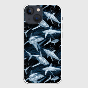 Чехол для iPhone 13 mini с принтом Акулы в Екатеринбурге,  |  | abyss | background | black | blue | bubbles | color | danger | depth | fin | mu | nature | ocean | predator | sea | shark | sharp | tail | teeth | акула | бездна | водоросли | глубина | зубы | море | океан | опасность | острые | плавник 