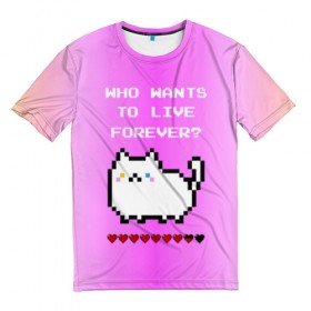 Мужская футболка 3D с принтом Cat forever в Екатеринбурге, 100% полиэфир | прямой крой, круглый вырез горловины, длина до линии бедер | 9 жизней | forever | pixel art | queen | wants to live | квин цитата | котенок | котик | котики | коты | кошка | кошки | пиксели | пиксель арт
