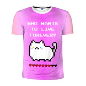 Мужская футболка 3D спортивная с принтом Cat forever в Екатеринбурге, 100% полиэстер с улучшенными характеристиками | приталенный силуэт, круглая горловина, широкие плечи, сужается к линии бедра | 9 жизней | forever | pixel art | queen | wants to live | квин цитата | котенок | котик | котики | коты | кошка | кошки | пиксели | пиксель арт