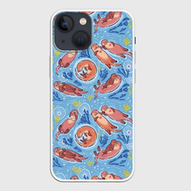 Чехол для iPhone 13 mini с принтом Весёлые выдры в Екатеринбурге,  |  | algae | animal | background | blue | brown | color | cute | fauna | flora | fun | funny | heart | jellyfish | ot | pink | river | water | white | белый | весело | вода | водоросли | выдра | животное | забавно | коричневый | медуза | мило | прико