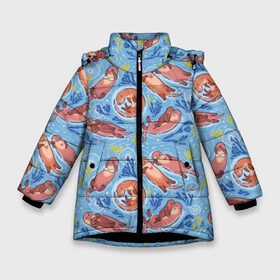 Зимняя куртка для девочек 3D с принтом Весёлые выдры в Екатеринбурге, ткань верха — 100% полиэстер; подклад — 100% полиэстер, утеплитель — 100% полиэстер. | длина ниже бедра, удлиненная спинка, воротник стойка и отстегивающийся капюшон. Есть боковые карманы с листочкой на кнопках, утяжки по низу изделия и внутренний карман на молнии. 

Предусмотрены светоотражающий принт на спинке, радужный светоотражающий элемент на пуллере молнии и на резинке для утяжки. | algae | animal | background | blue | brown | color | cute | fauna | flora | fun | funny | heart | jellyfish | ot | pink | river | water | white | белый | весело | вода | водоросли | выдра | животное | забавно | коричневый | медуза | мило | прико