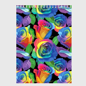 Скетчбук с принтом Разноцветные розы в Екатеринбурге, 100% бумага
 | 48 листов, плотность листов — 100 г/м2, плотность картонной обложки — 250 г/м2. Листы скреплены сверху удобной пружинной спиралью | Тематика изображения на принте: background | black | blue | bud | color | exotic | flora | flowers | green | leaves | nature | pink | plant | purple | red | rose | yellow | бутон | желтый | зеленый | красный | лепесток | листья | природа | разноцветный | растение | роза | розо