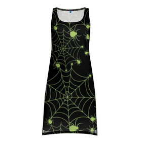 Платье-майка 3D с принтом Зелёная паутина в Екатеринбурге, 100% полиэстер | полуприлегающий силуэт, широкие бретели, круглый вырез горловины, удлиненный подол сзади. | background | black | cobweb | color | gothic | green | halloween | holiday | insect | pattern | spider | weave | web | готика | зеленый | насекомое | паук | паутина | плести | праздник | сеть | узор | фон | хэллоуин | цвет | черный